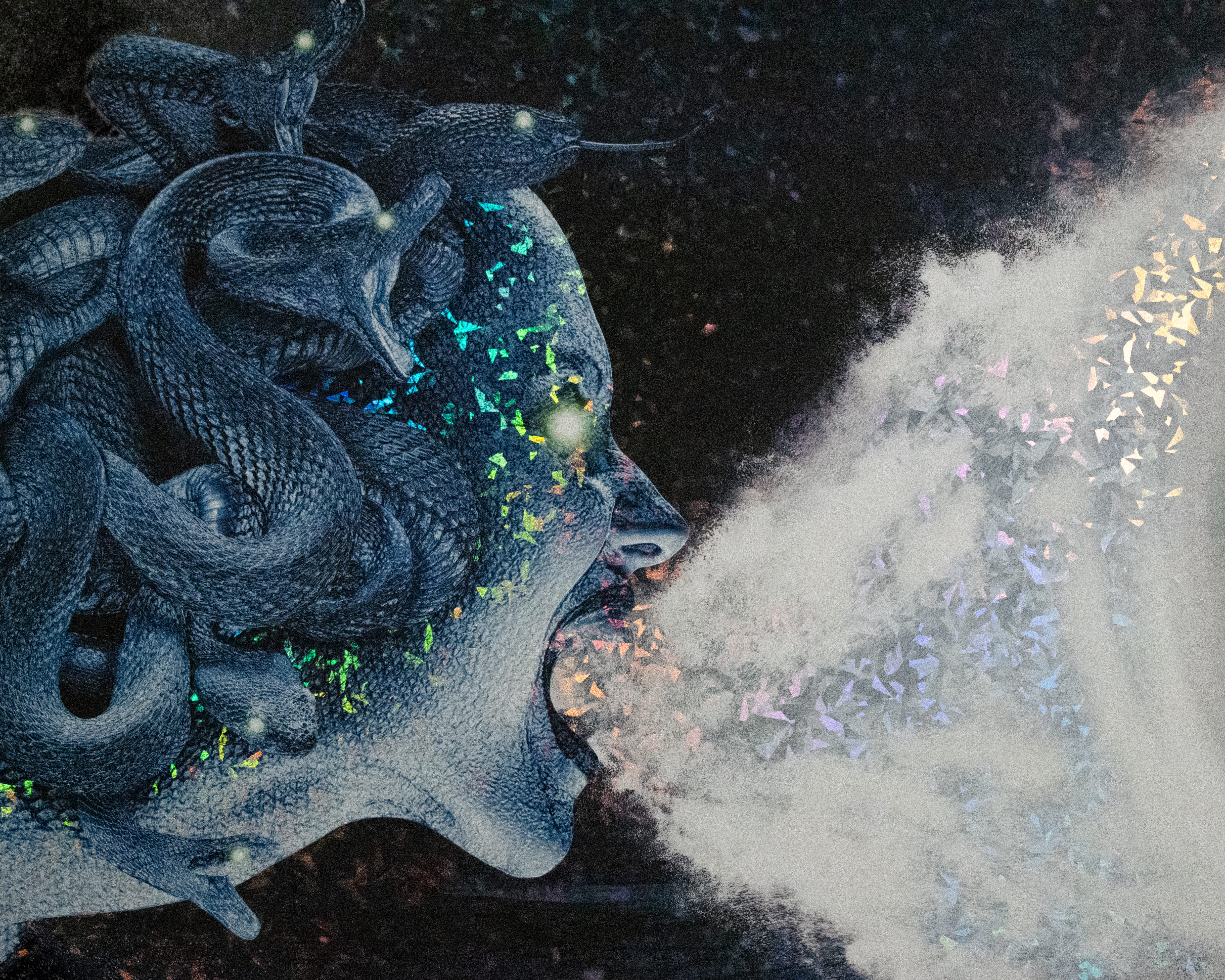 Illustration with a combiniation of Iridescent-Holographic spot coatings and alternative textures