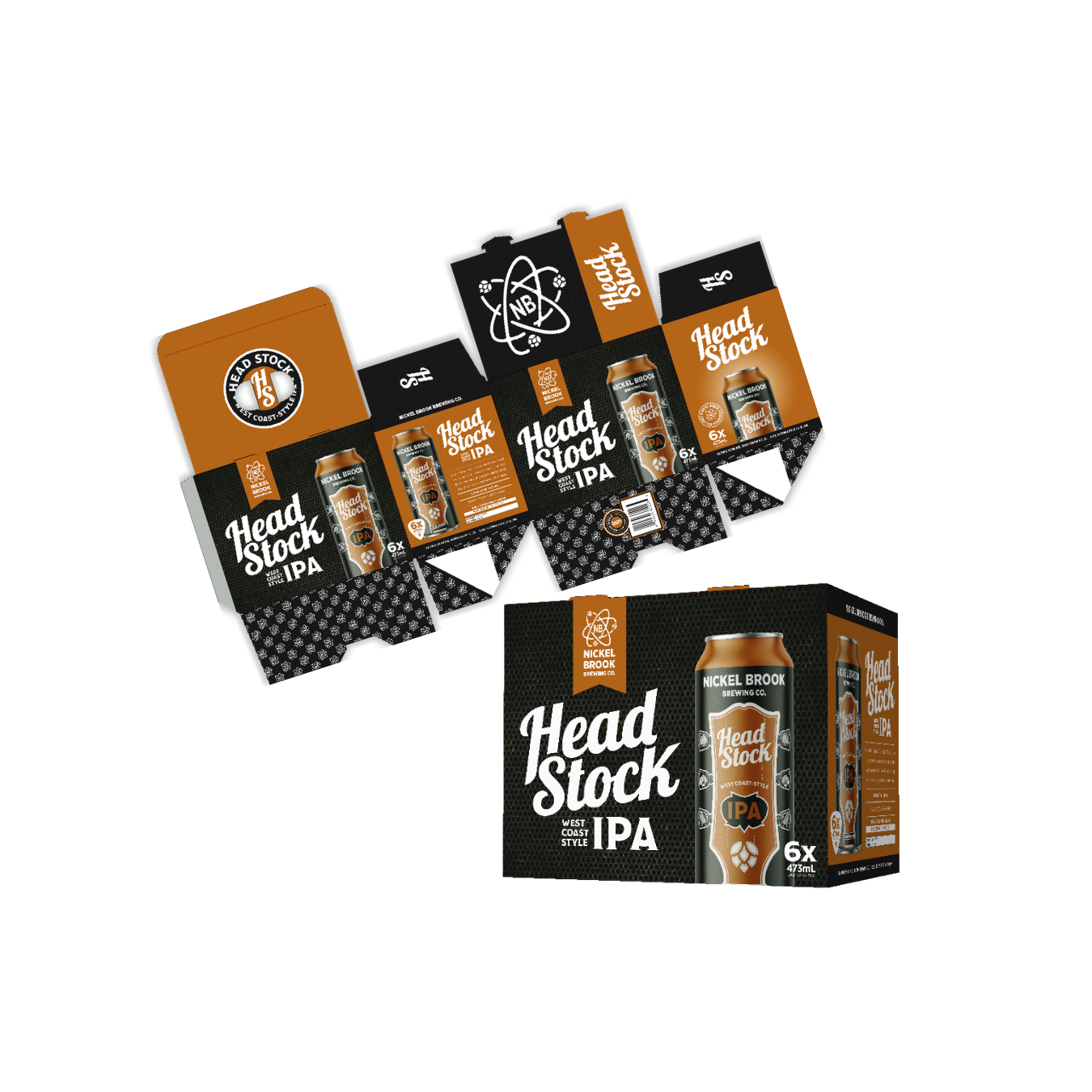 Example 3D mockup of packaging for a company called 'Head Stock'