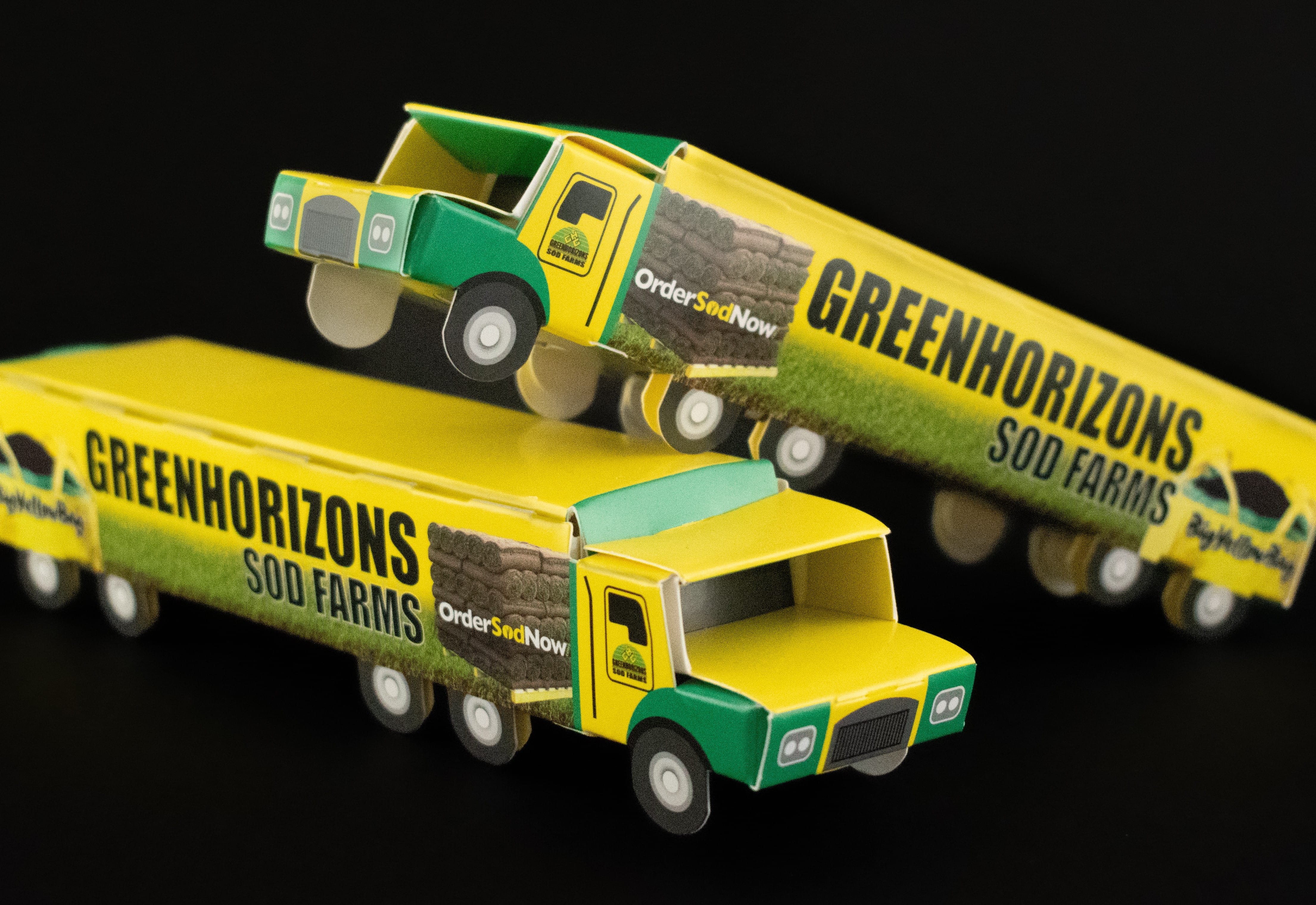 Photograph of custom carton for Greenhorizon, shaped like a truck